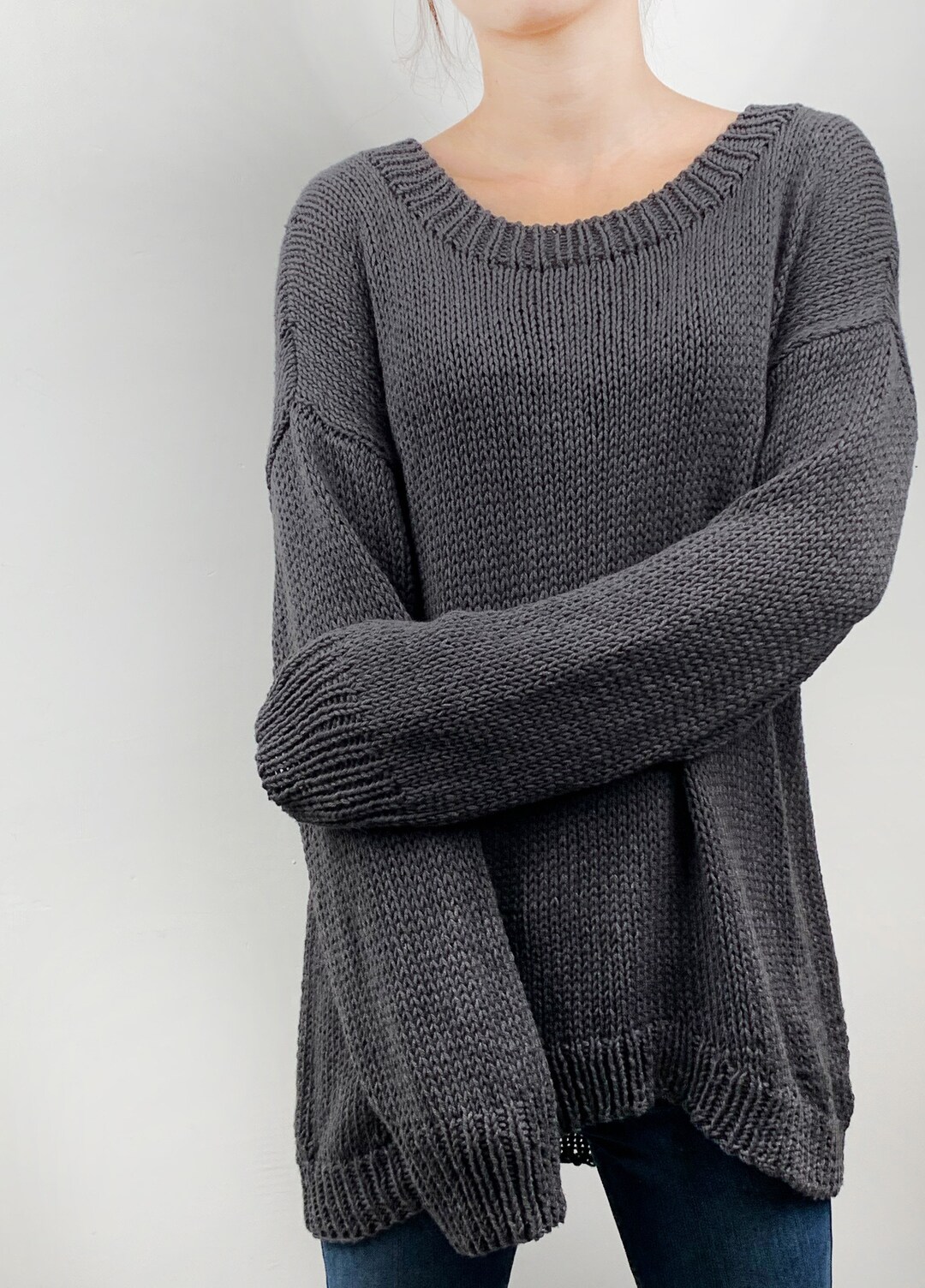 Hand Knit Oversize Woman Knit Sweater Crewneck Slouchy Cotton Knit