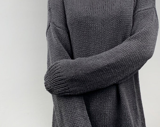 Hand knit oversize woman knit sweater Crewneck slouchy cotton knit pullover sweater