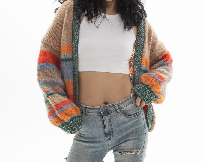Hand knit woman sweater mohair cardigan color stripe sweater top