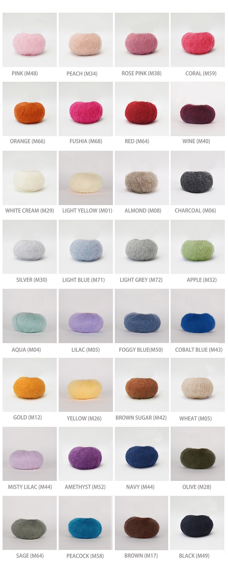 May include: A color chart of yarn samples, showing 24 different colors of yarn. The yarn is arranged in a grid of 4 rows and 6 columns. Each yarn sample is a small ball of yarn, and the color name and code are printed below each sample.