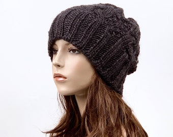 Hand knit hat Wool hat woman man Hat slouchy hat Charcoal hat