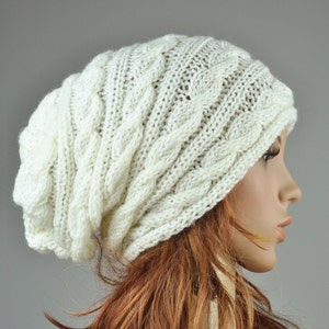 Hand knit woman hat cable pattern hat in cream slouchy hat image 1
