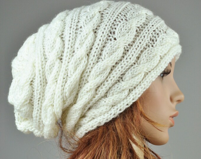 Hand knit woman hat cable pattern hat in cream, slouchy hat, wool hat - ready to ship