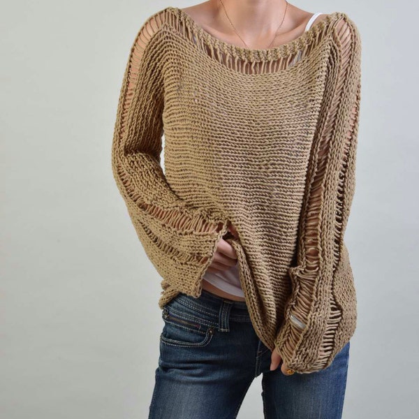 Hand Knit Woman Sweater - Eco Cotton sweater Wheat - ready to ship