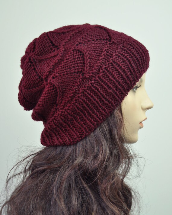 Hand Knit Wool Hat Winter Hat Wine 