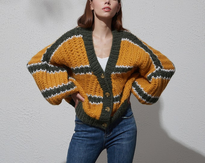 Hand knit woman sweater Mohair oversize knit short cropped cardigan button front cardigan color stripe