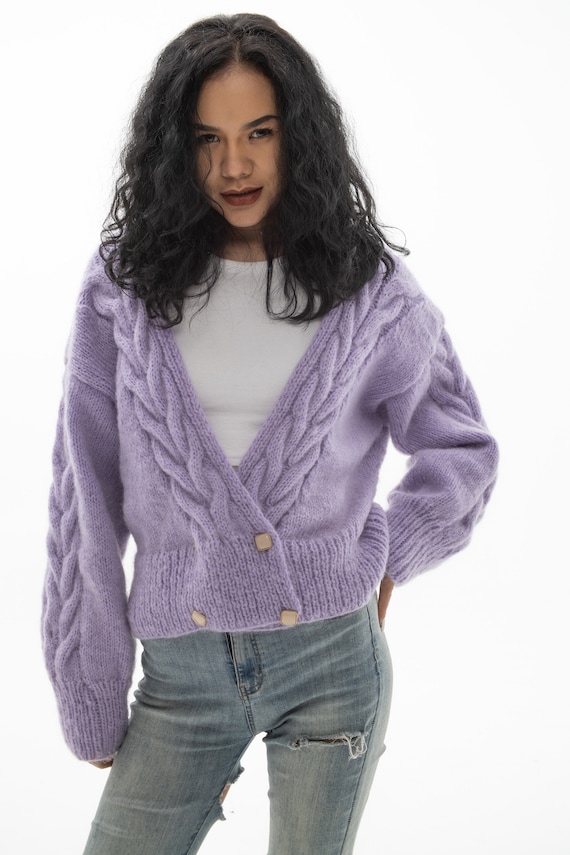 Hand Knit Woman Sweater Mohair Cable Knit Short Cropped