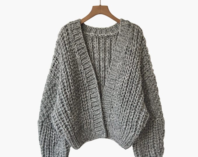 Hand knit woman cardigan sweater short cardigan grey