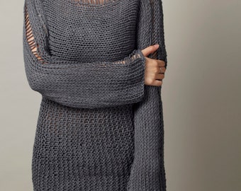 Hand Knit Woman Sweater - Eco Cotton Oversized sweater in Charcoal Grey