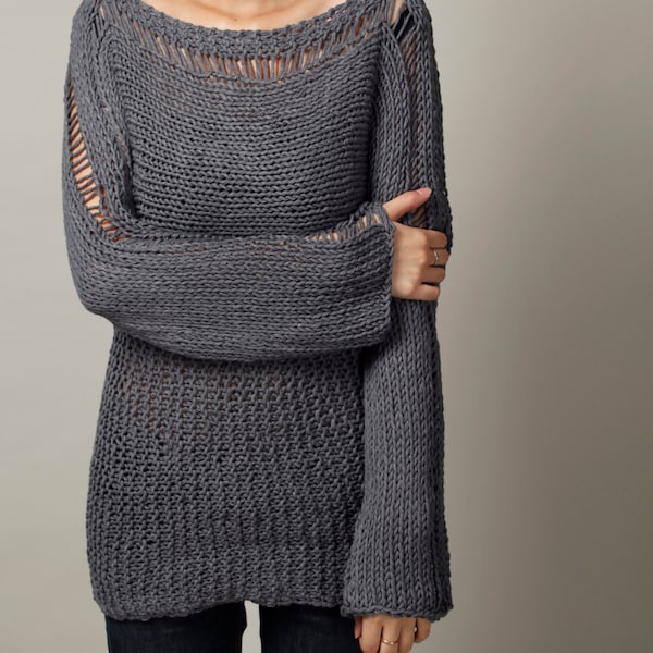 Hand Knit Woman Sweater - Eco Cotton Oversized sweater in Charcoal Grey