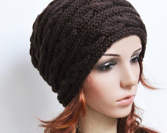 Chocolate Brown Handknit Hat in Alpaca and Wool. Cabled  display picture 1