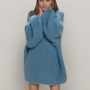 Hand knit woman sweater OVERSIZED mohair sweater top boatneck pullover blue dress sweater
