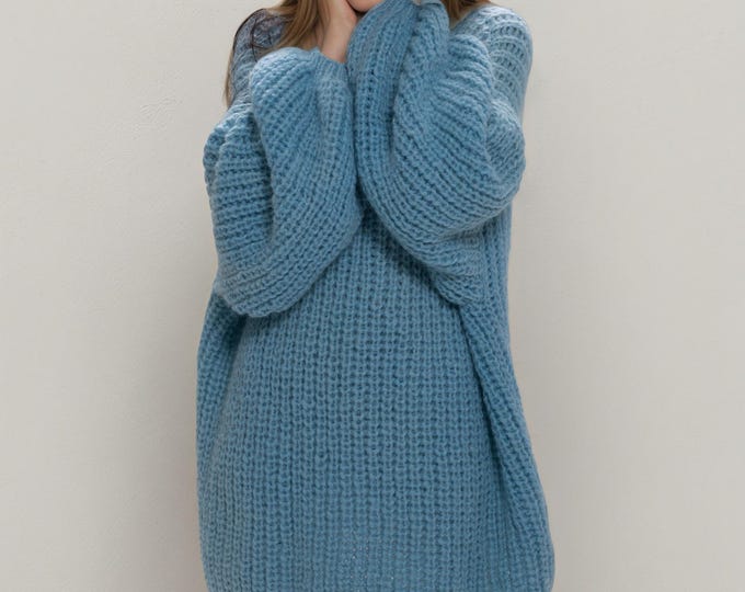 Hand knit woman sweater OVERSIZED mohair sweater top boatneck pullover blue dress sweater