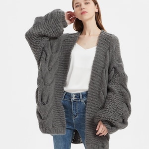 Hand knit oversize woman sweater chunky slouchy Charcoal Mohair wool cable knit cardigan