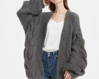 Hand knit oversize woman sweater chunky slouchy Charcoal Mohair wool cable knit cardigan