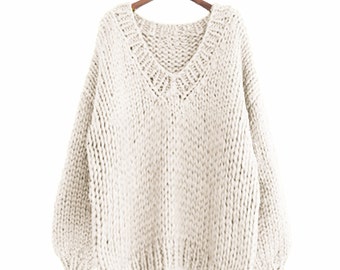 Hand knit WOOL sweater oversize woman sweater V-neck slouchy white cream sweater