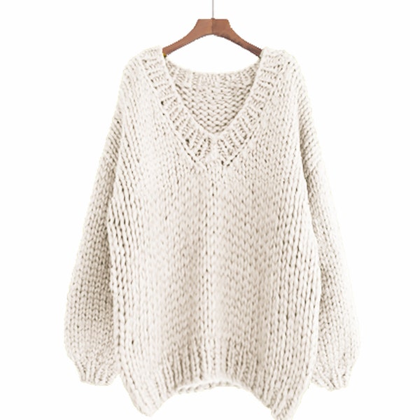 Hand knit WOOL sweater oversize woman sweater V-neck slouchy white cream sweater