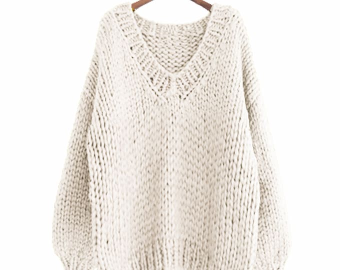 Hand knit WOOL sweater oversize woman sweater V-neck slouchy white cream sweater