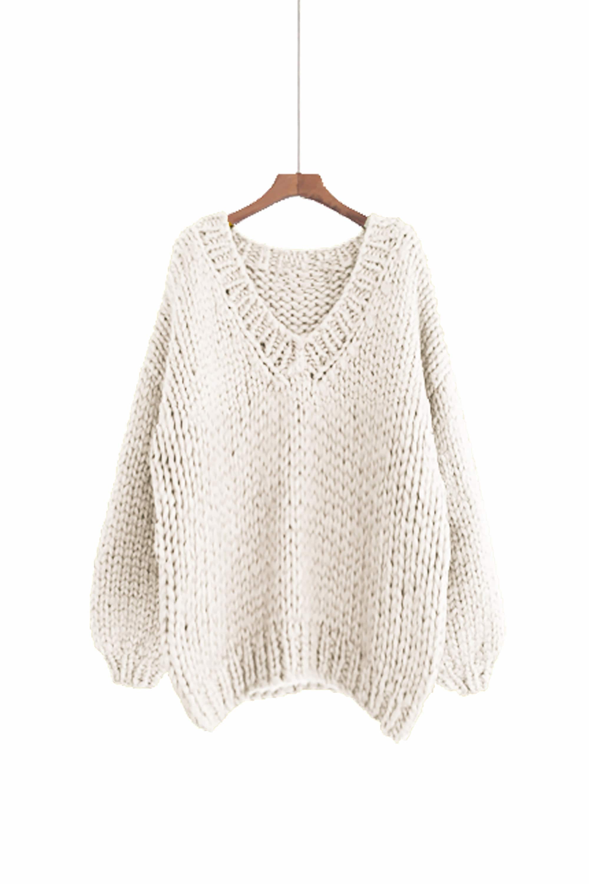 Hand Knit WOOL Sweater Oversize V-neck White Sweater - Woman Cream Sweater Slouchy Etsy