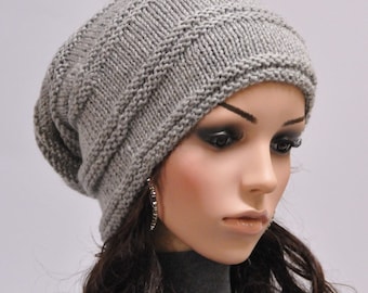 Hand Knit Wool Slouchy Hat - Grey Winter Beanie