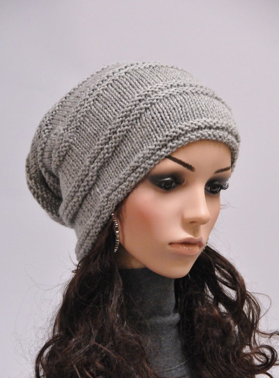 Hand Knit Wool Slouchy Hat - Grey Winter Beanie - Etsy
