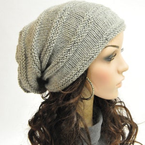 Hand Knit hat woman hat man hat Black Wool Hat Slouchy hat grey