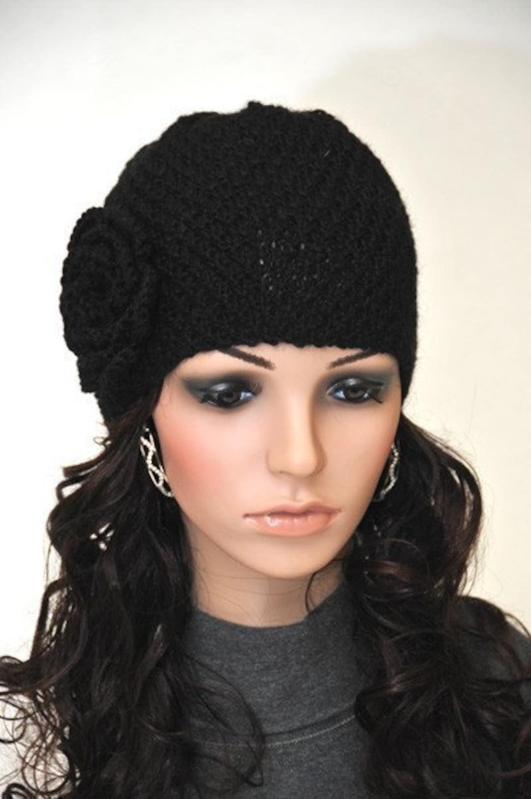 Hand Knit Beanie Hat With Crochet Flower Black Wool Hat - Etsy