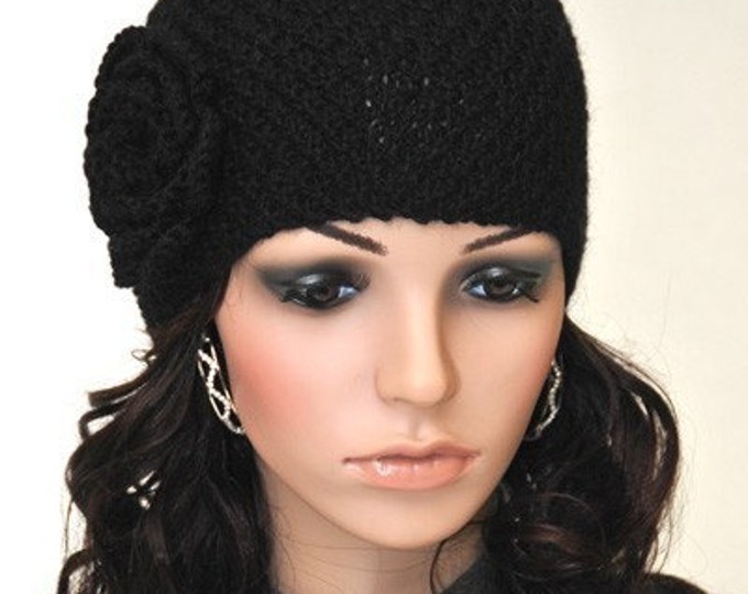 Hand Knit Beanie hat with Crochet Flower Black wool hat