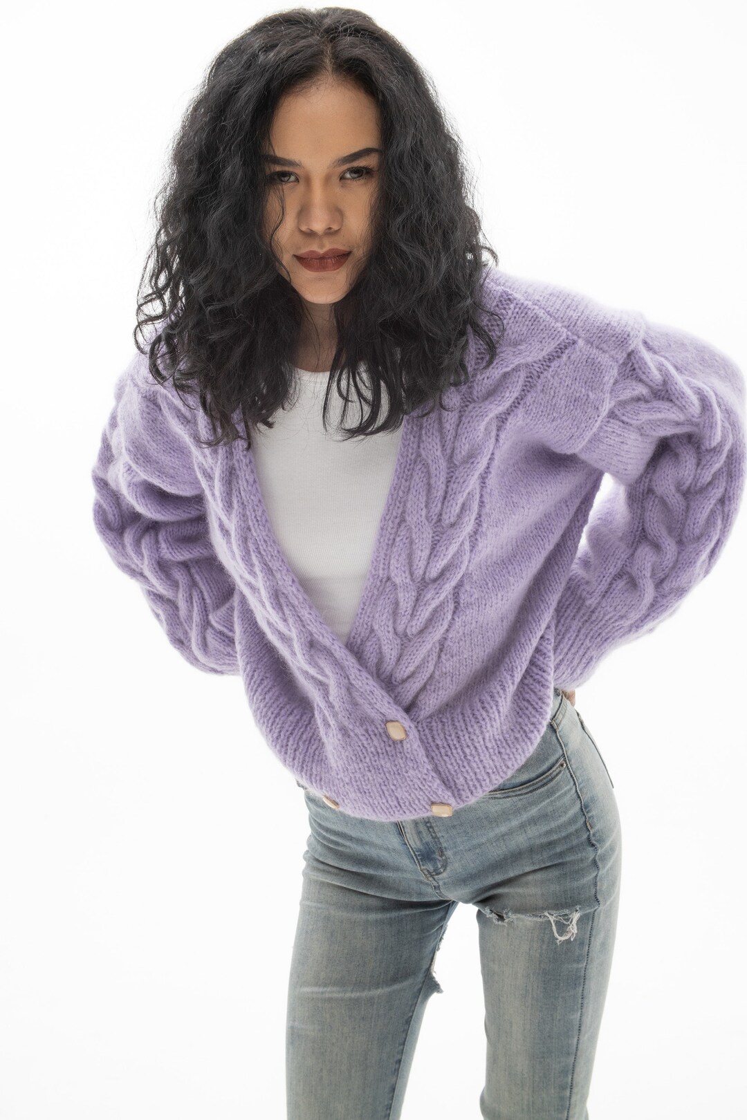 ★SCULPTOR★ Underboob Cable Knit Cardigan Multi Purple SC22 Underboob Cable Knit Cardigan Multi Purple | sculptor - もご