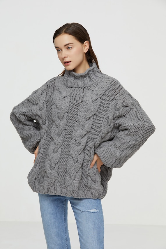 Hand Knit Oversized Cotton Cable Knit Sweater - High Collar