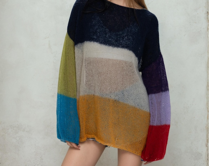 Hand knit woman long sweater OVERSIZED mohair stripped dress sweater top pullover