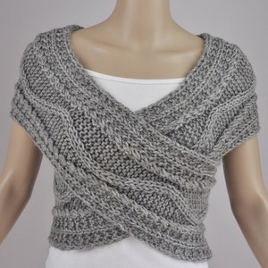 Hand knit woman sweater wool vest Cross Sweater Capelet Neck warmer scarf grey image 3