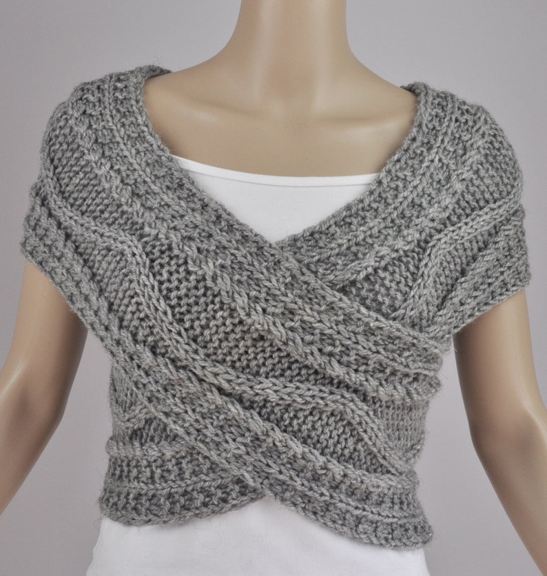 Hand knit woman sweater wool vest Cross Sweater Capelet Neck warmer scarf grey image 3