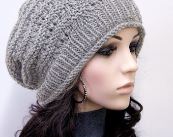 Hand Knit Wool Slouchy Hat: Unisex Grey Winter Beanie