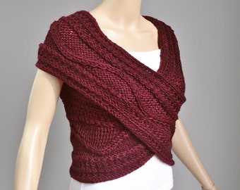 Hand stricken Frau Kreuz Wolle Pullover/Capelet/Neck wärmer in Burgund Super Slim