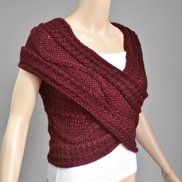 Hand knit woman Cross wool Sweater/Capelet/Neck warmer in Burgundy Super Slim