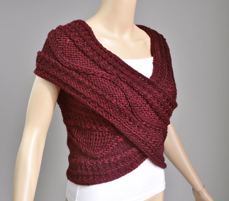 Hand knit woman Cross wool Sweater/Capelet/Neck warmer in Burgundy Super Slim image 1