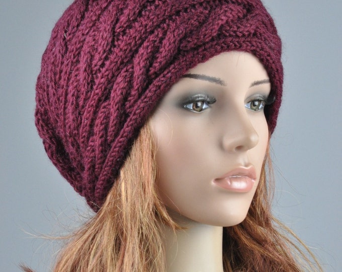 hand knit hat - Burgundy/ wine Wool cable Hat