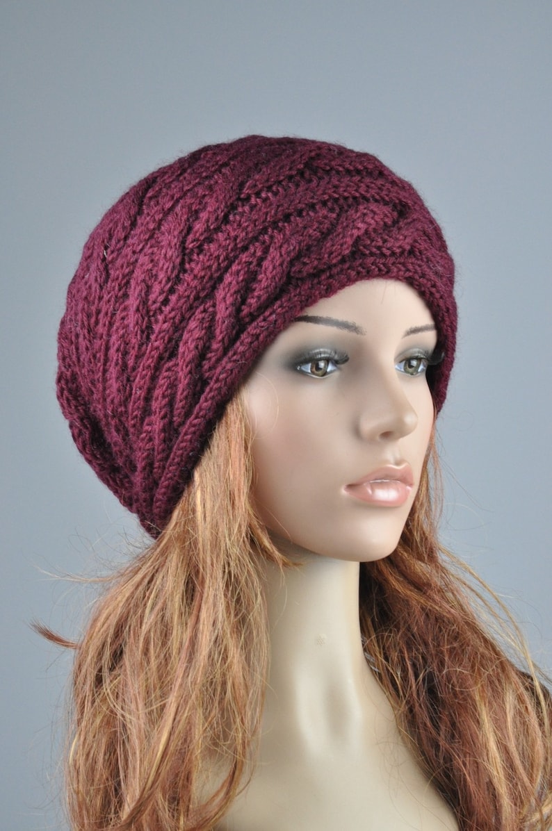 Hand Knit Hat Burgundy/ Wine Wool Cable Hatready to Ship Etsy Canada