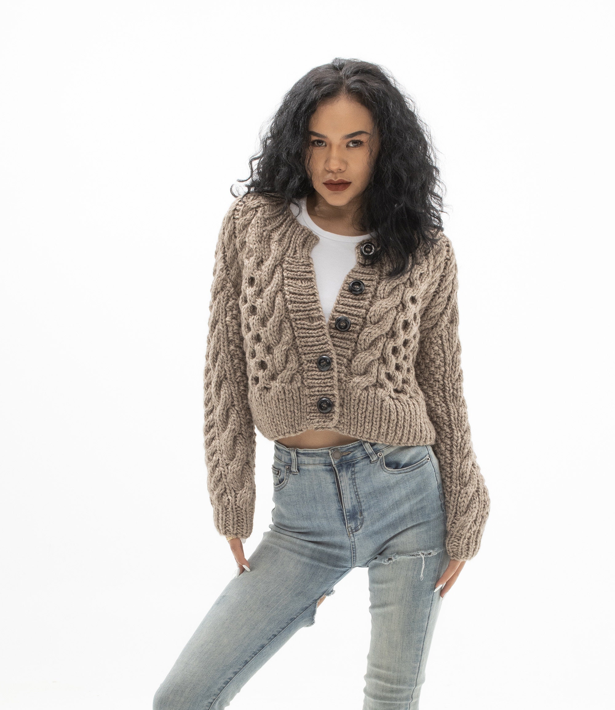 Chunky Knit Cardigan Cropped Chunky Sweater Oversized Hand 