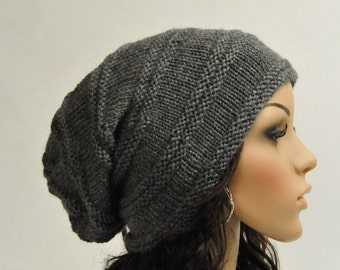 Hand knit hat woman man hat charcoal wool slouchy hat-ready to ship