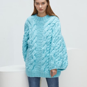 Hand knit woman long sweater OVERSIZED pure chunky wool yarn sweater top pullover Aqua