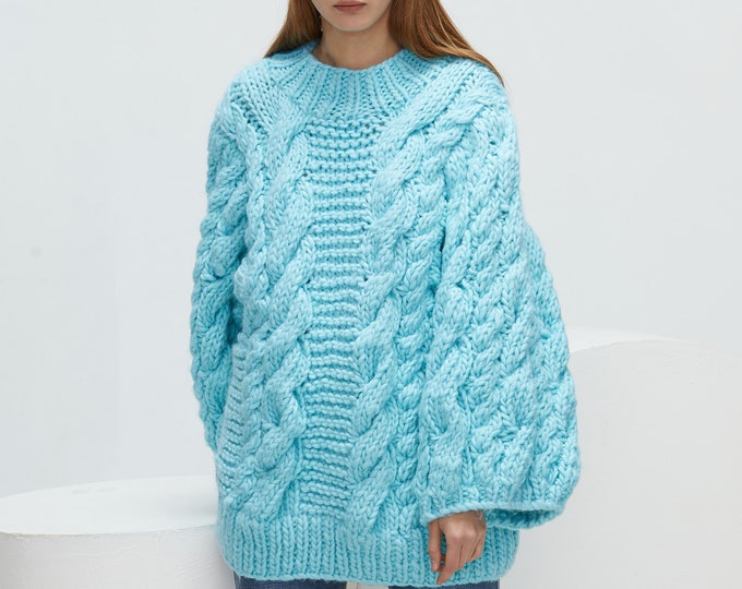 Hand knit woman long sweater OVERSIZED pure chunky wool yarn sweater top pullover Aqua