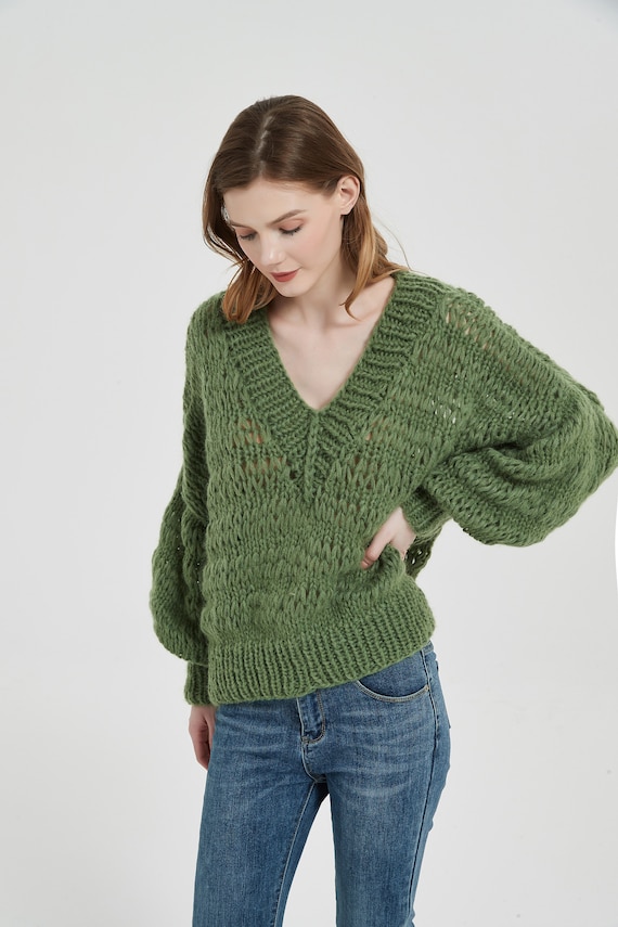 Hand Knit Mohair Sweater: Oversized V-neck Cable Knit Pullover - Etsy