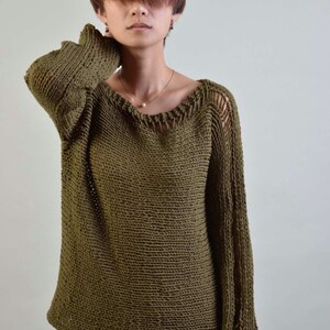 Hand Knit Woman Sweater Eco Cotton sweater in olive green image 2