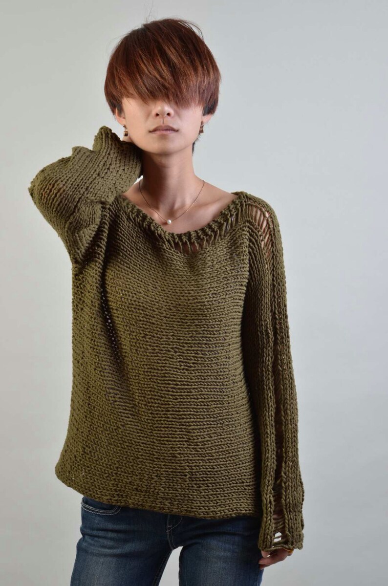 Hand Knit Woman Sweater Eco Cotton sweater in olive green image 2