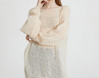 Hand knit woman sweater mohair loose knit long sweater top pullover wheat