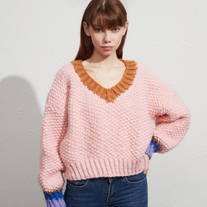 Hand knit woman jumper pullover sweater wool V-neck contrast band sweater image 1