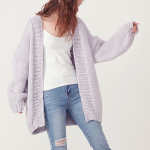 Hand knit oversize woman sweater chunky pure wool slouchy cardigan pale lilac