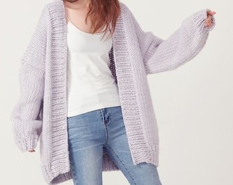 Hand knit oversize woman sweater chunky pure wool slouchy cardigan pale lilac